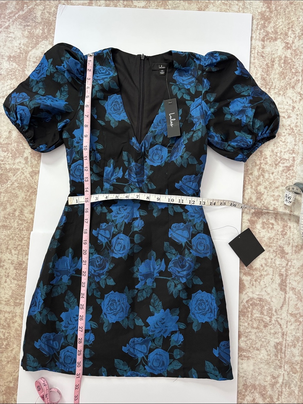 Blue Floral taffeta Puff Sleeve V-Neck Mini Dress - Picture 6 of 10